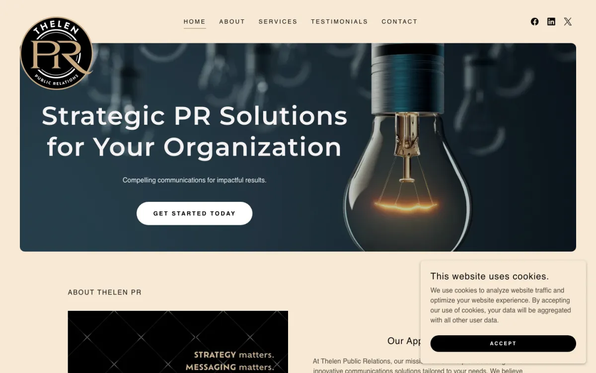 Thelen Public Relations homepage, captured September 28, 2026